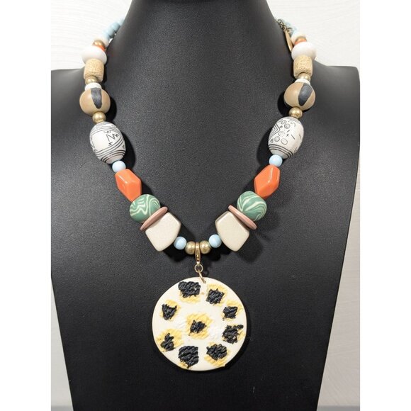Plunder Unique Tribal Blue Orange Chunky Necklace Pendant Statement 23 in - Picture 1 of 9